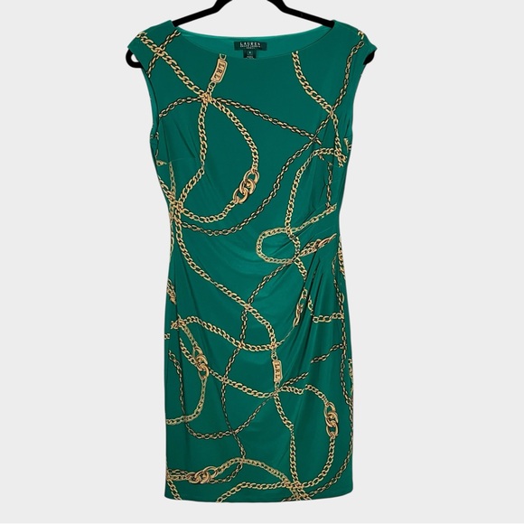LAUREN RALPH LAUREN Green Emerald Jersey Dress with Gold Chain Pattern Size 6 - Picture 2 of 4